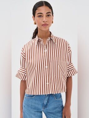 TWP Next Ex Buttondown Collared Cropped Shirt Ivory/Cognac Size M/L